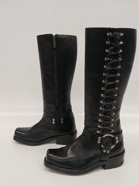 Harley-Davidson Women's Tall Lace Detail Zip Black Leather Motorcycle Boots 9.5